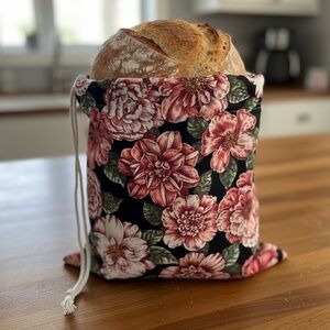 Black Cotton Bread Bag with Rose Floral Print – Reusable Handmade Bread Storage